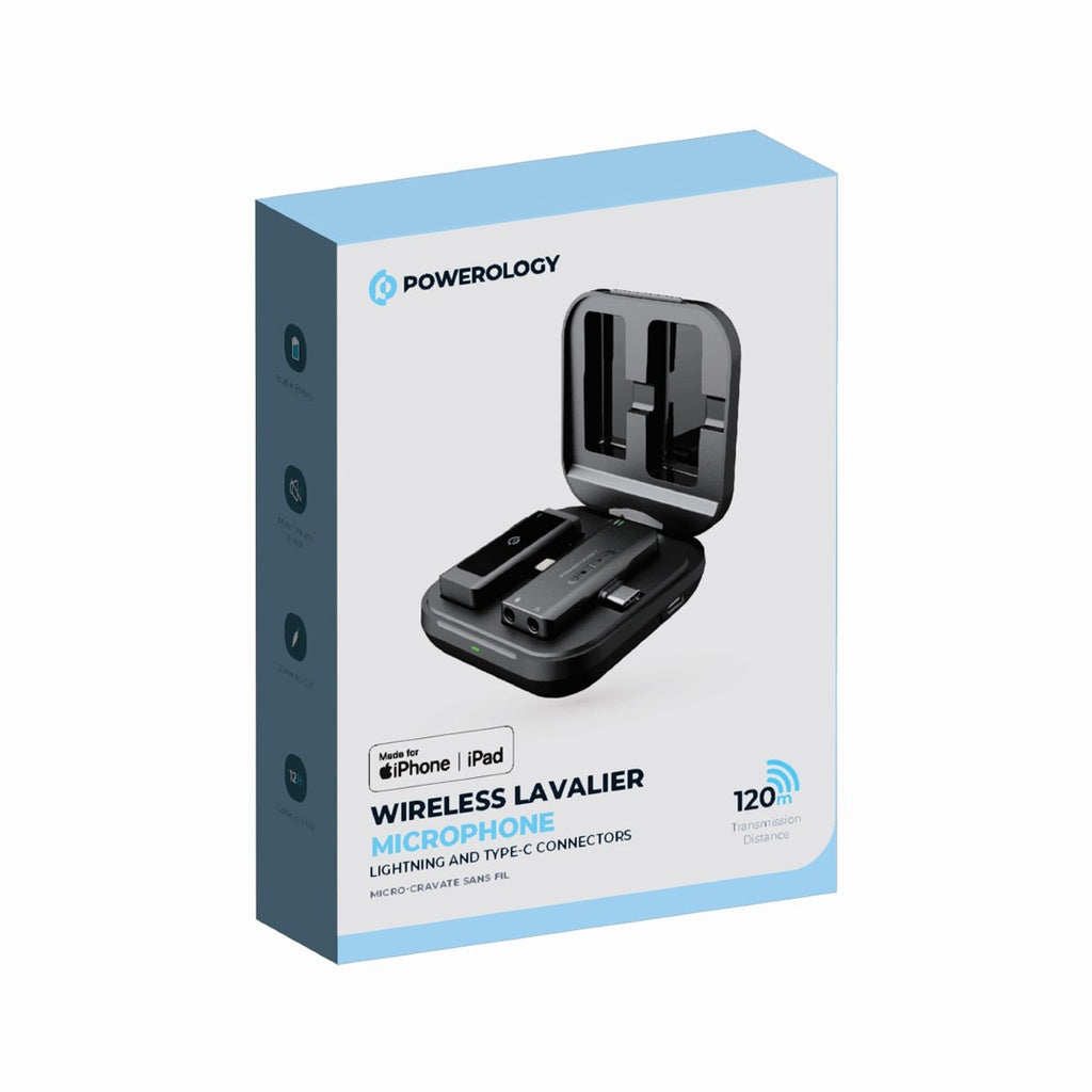 Powerology MFI Dual Connector Wireless Lavalier Microphone – Black