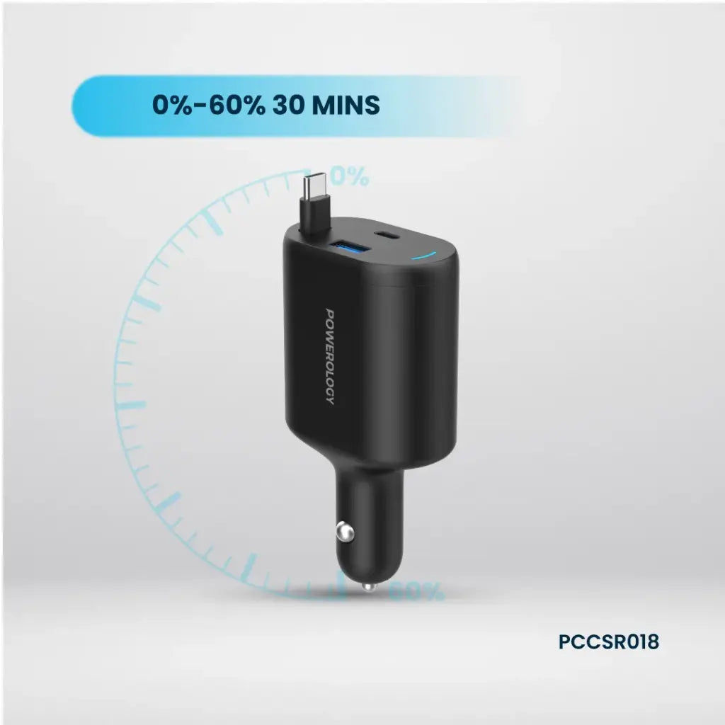 Powerology Type-C Retractable Car Charger 70W - Black