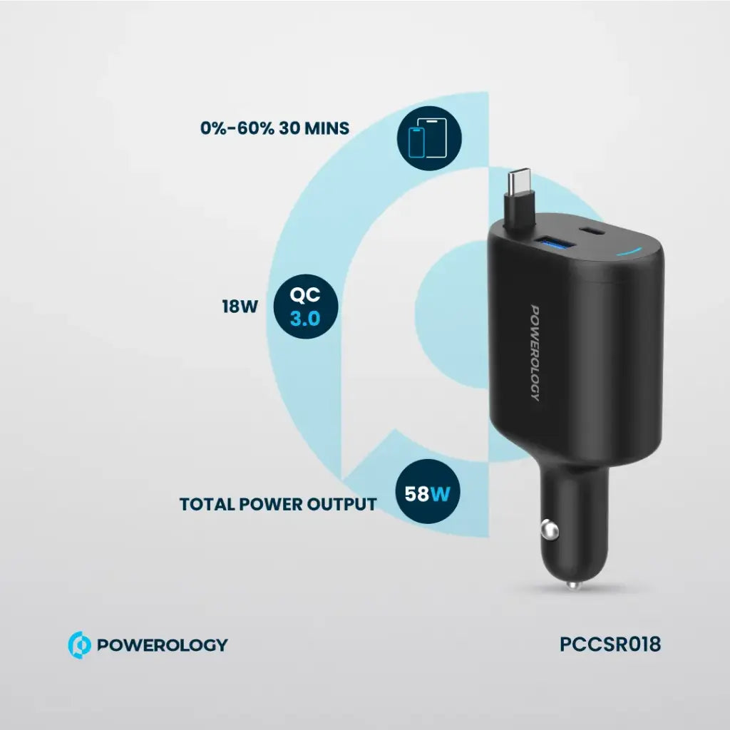 شاحن سيارة قابل للسحب Powerology Type-C 70W - أسود