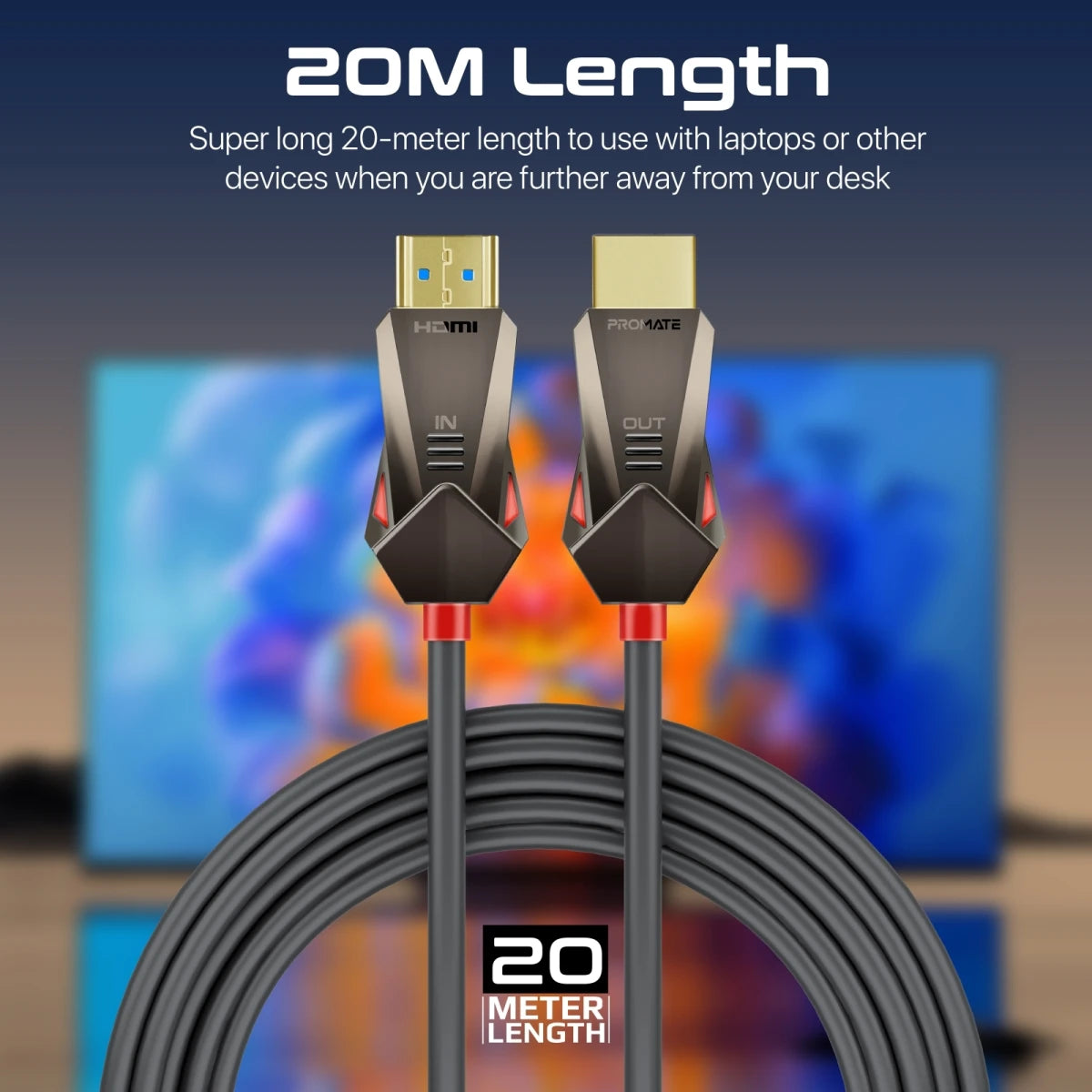 Promate ProLink4K60 20M HDMI Cable 4K 3D 5m Slim Design - Black