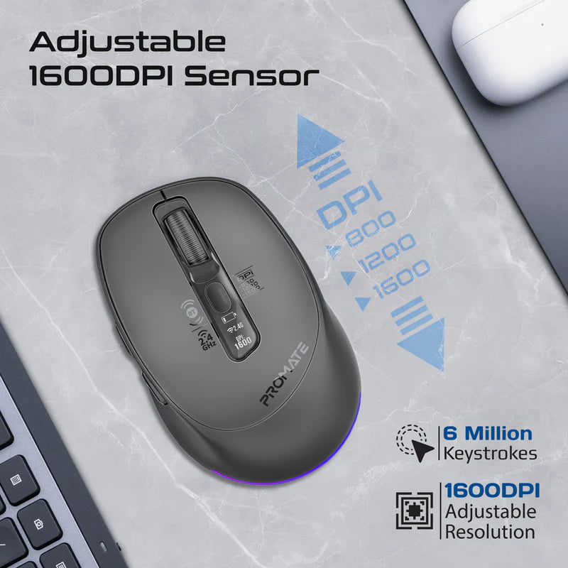 Promate Blix-3M Silent-Click 1600DPI Triple-Mode Rechargeable Mouse w/ Multi-Device Connectivity
