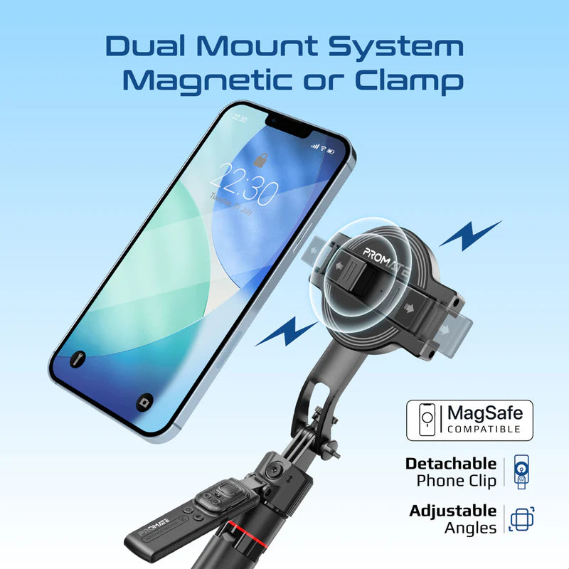 Promate TriPop-Ai 360° Ai Face Tracking Telescopic Selfie Stick with Auto Pop open Tripod Base