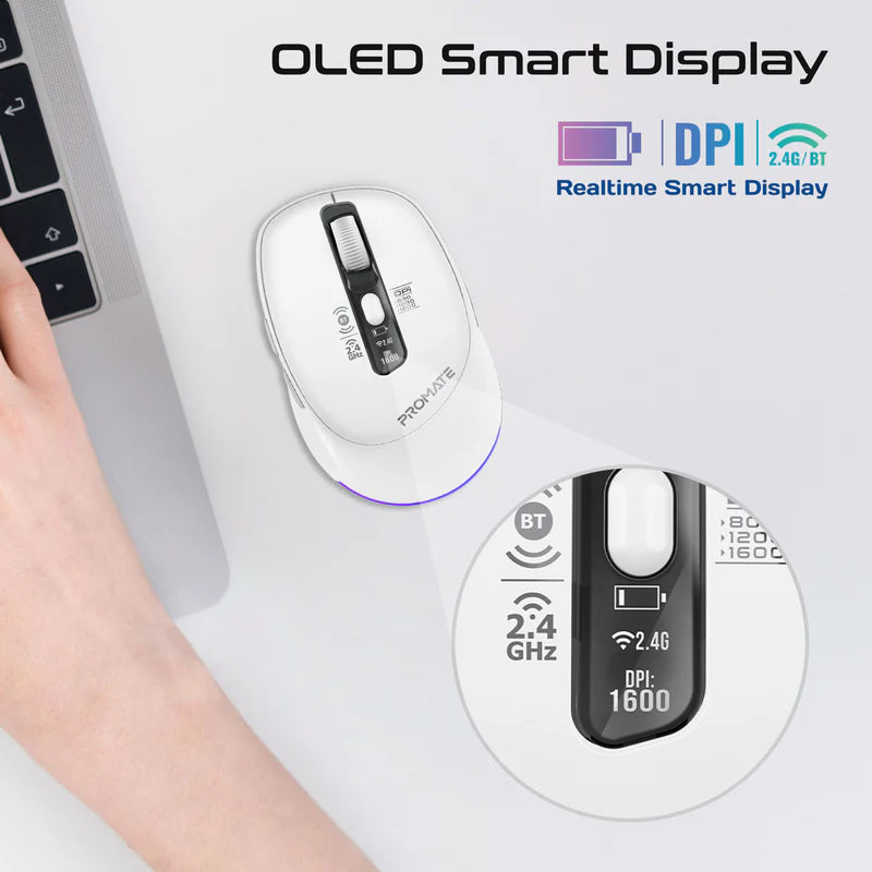 Promate Blix-3M Silent-Click 1600DPI Triple-Mode Rechargeable Mouse w/ Multi-Device Connectivity