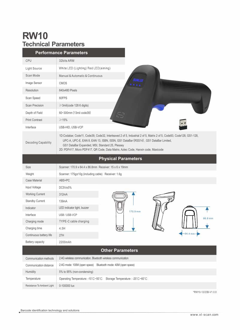 SUNLUX 2D Wireless Barcode Scanner – Up to 100m Transmission