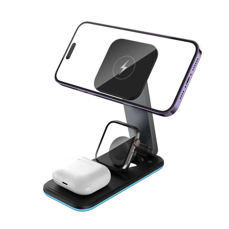 RockRose 3 in 1 Foldable MagSafe Wireless Charging Stand - Black