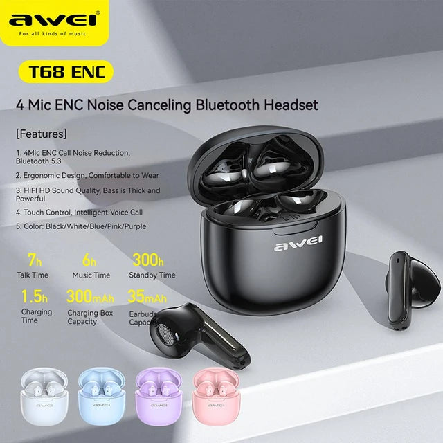 Awei ENC Bluetooth 5.3 Noise Canceling Wireless Earbuds with HD Mic 4 Deep Bass TWS Earbuds