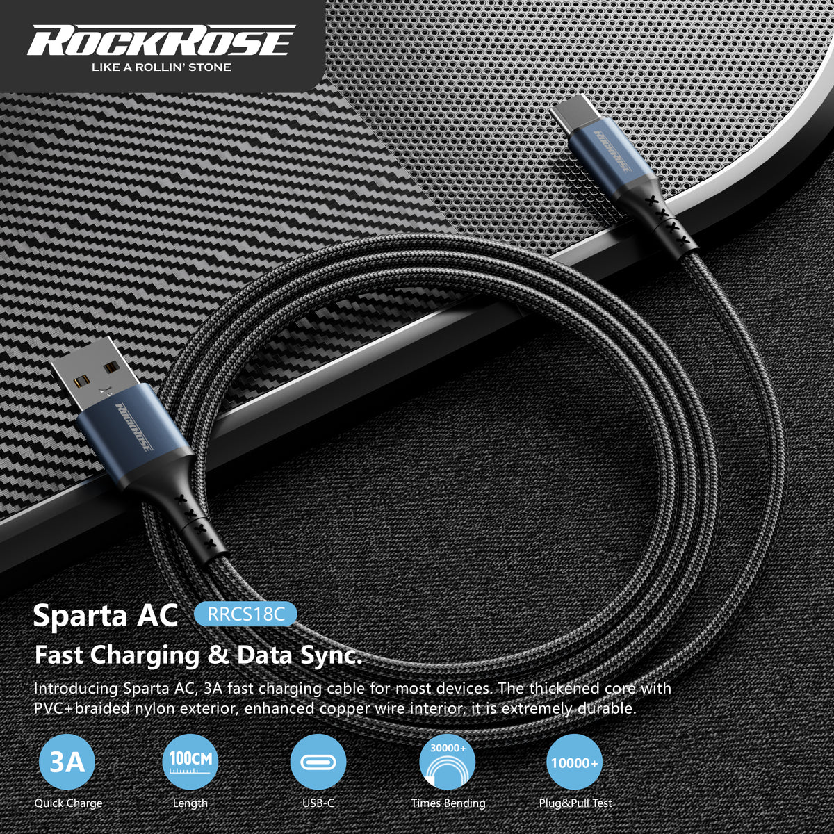 ROCKROSE Sparta AL 2.4A USB-C Cable 1M Fast Charging Black