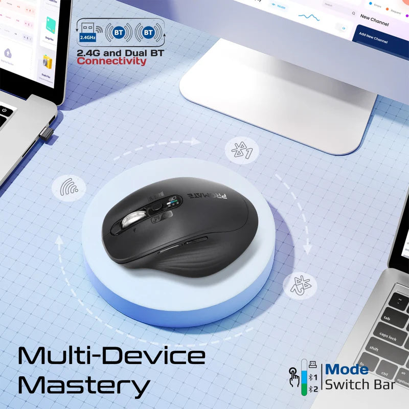 Promate SamoTri Tri-Connect Wireless Mouse with Rechargeable Battery, 2.4G and Dual BT Connectivity