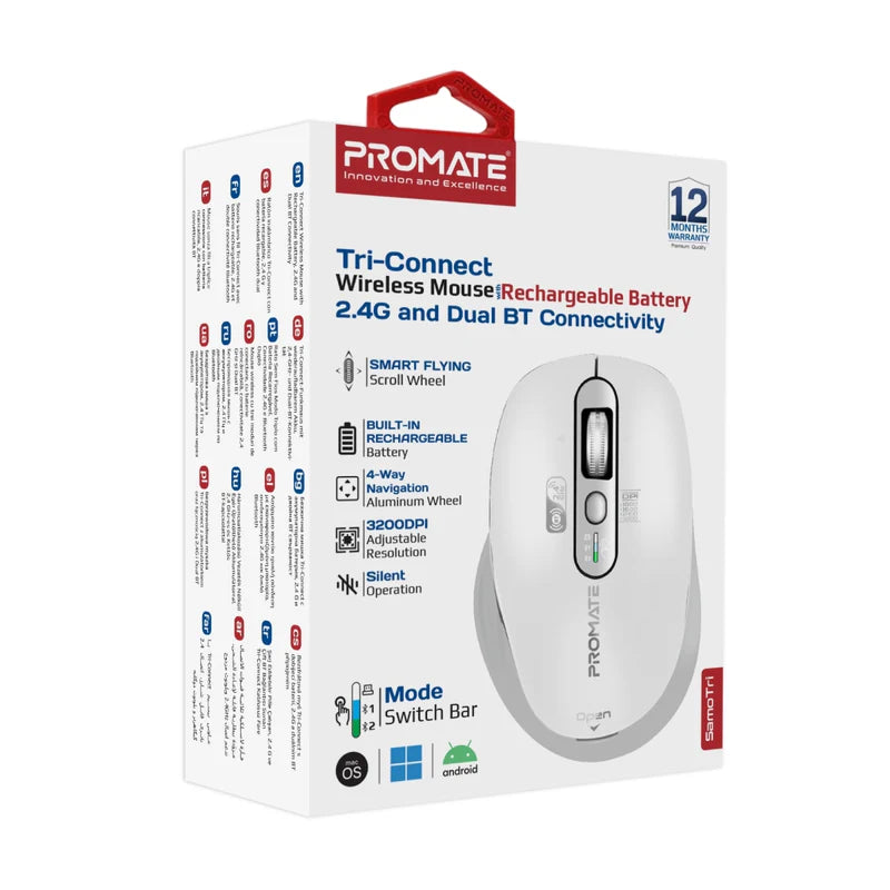 Promate SamoTri Tri-Connect Wireless Mouse with Rechargeable Battery, 2.4G and Dual BT Connectivity