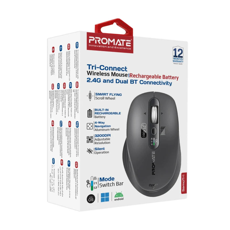 Promate SamoTri Tri-Connect Wireless Mouse with Rechargeable Battery, 2.4G and Dual BT Connectivity