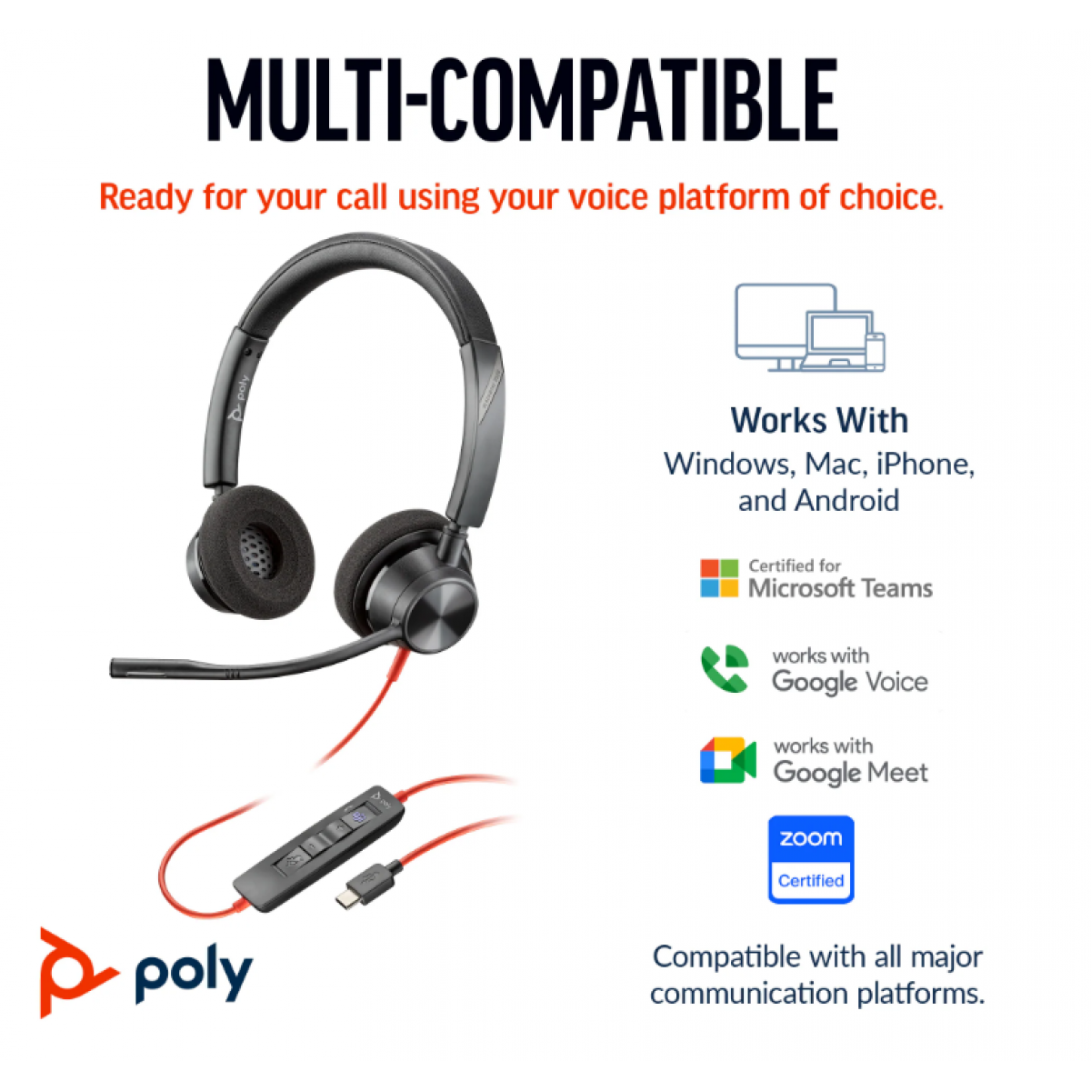 Poly Blackwire 3320 Stereo USB-C Headset – Microsoft Teams Certified, Noise-Canceling Mic, USB-C/A Adapter