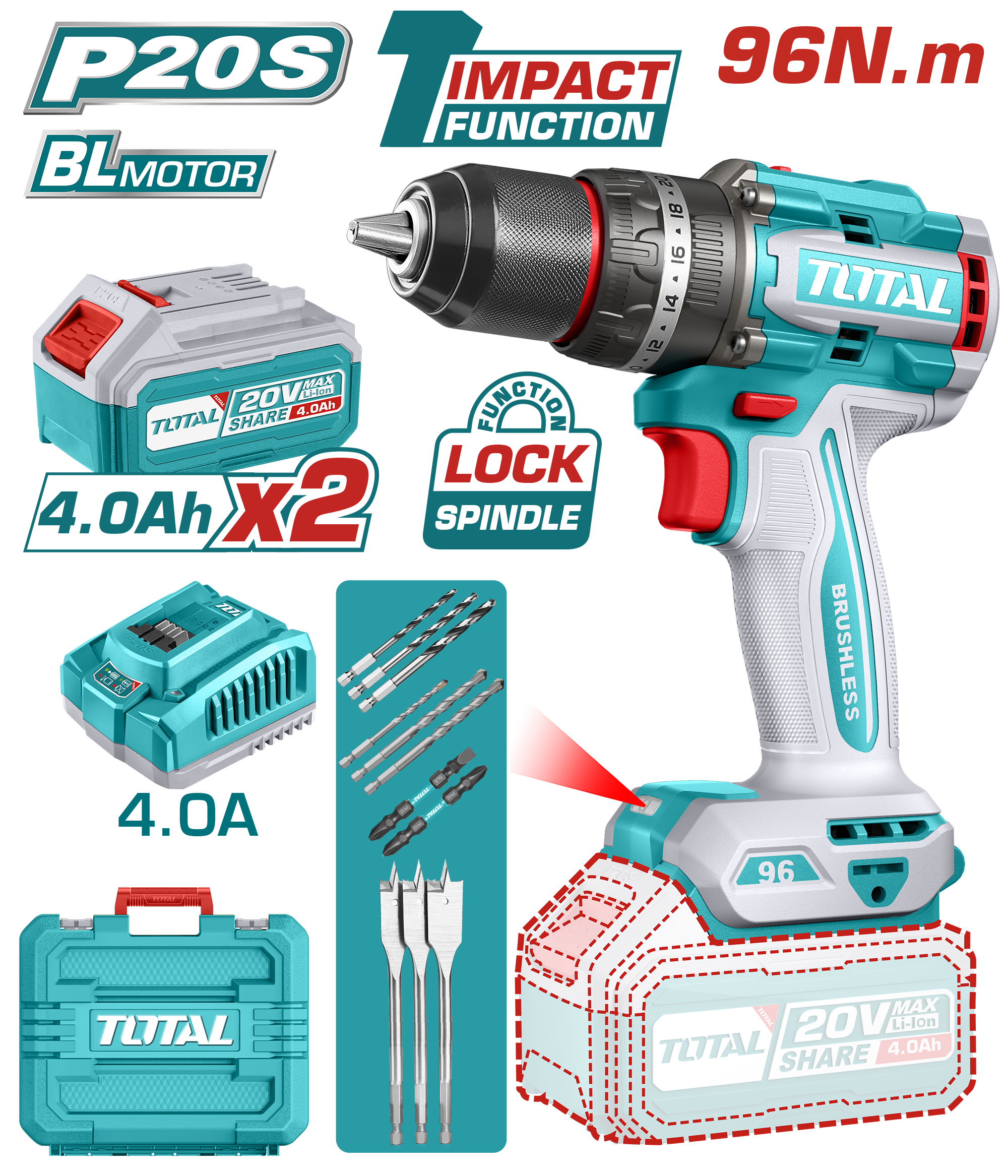 TOTAL 20V Brushless Cordless Impact Drill 96N.m (TIDLI20968)