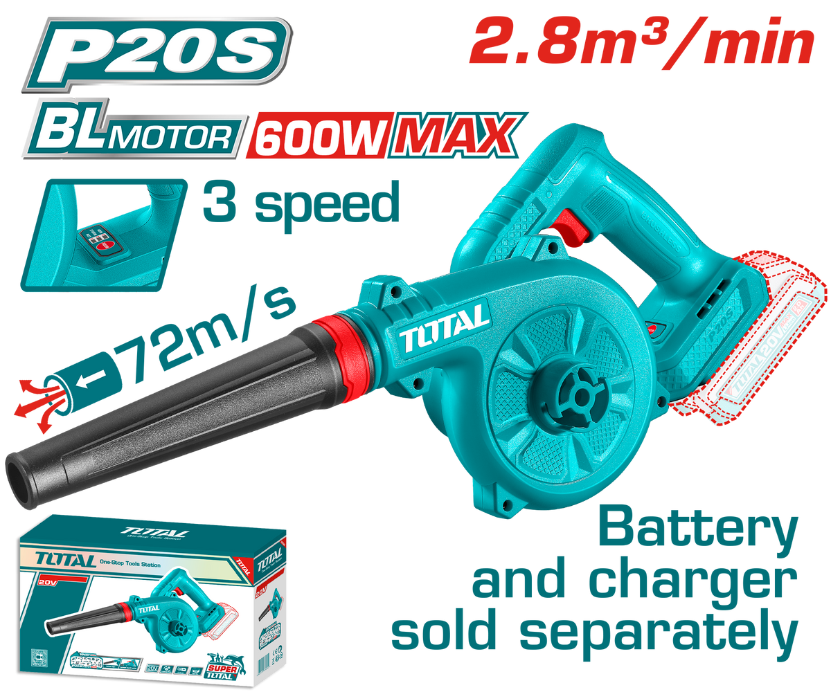 TOTAL 20V Brushless Cordless Blower | 72 m/s | 3 Speeds | Tool Only – No Battery & Charger | TABLI2068