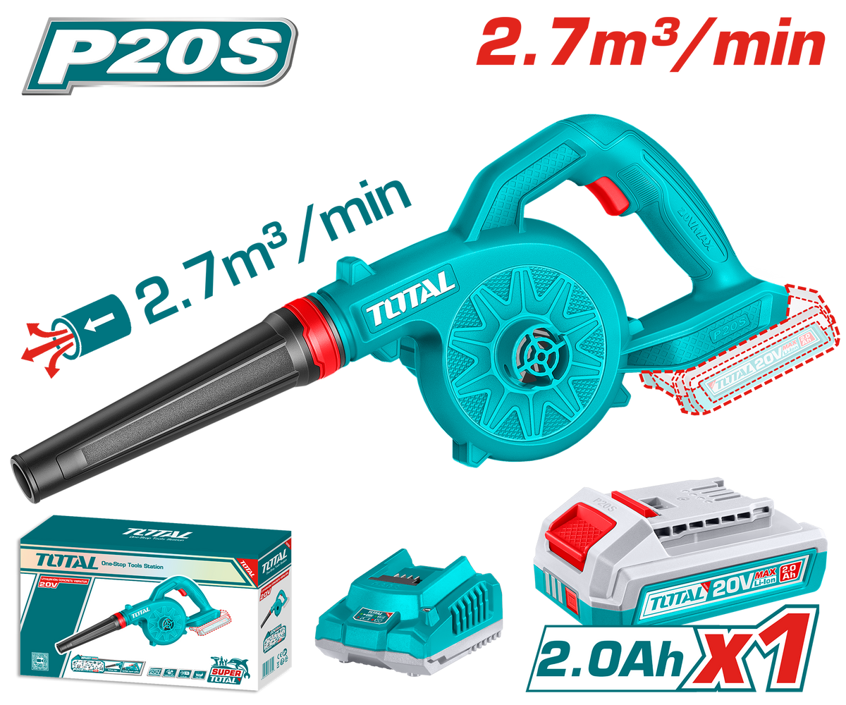 TOTAL Cordless Blower with 2.0Ah Battery and Charger – 20V, 18000rpm, 2.7 m³/min Air Volume (TABLI20781)