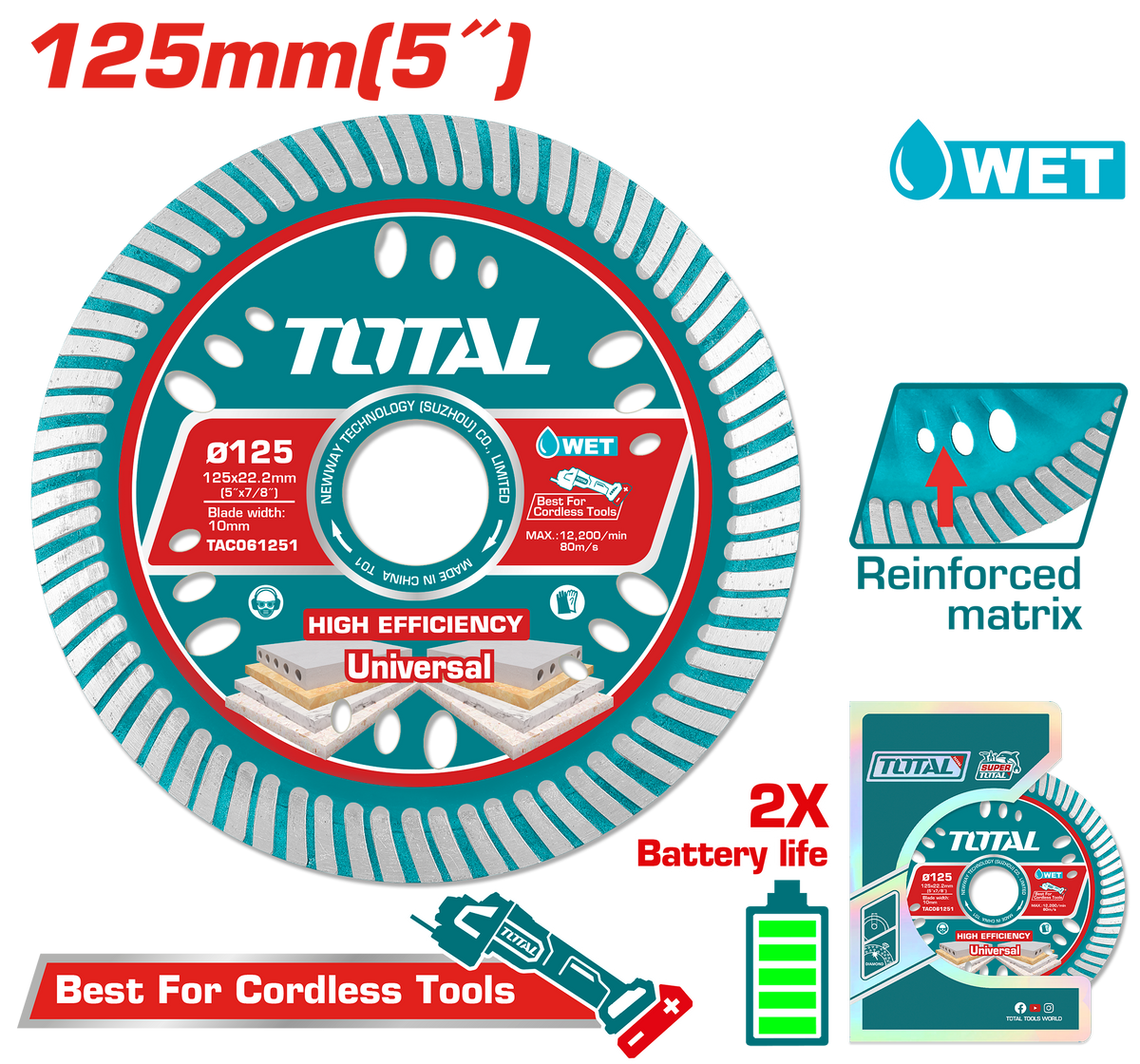 TOTAL Ultrathin Diamond Cutting Disc 125mm | 5" – 1.6mm Blade for Marble & Concrete (TAC061251)