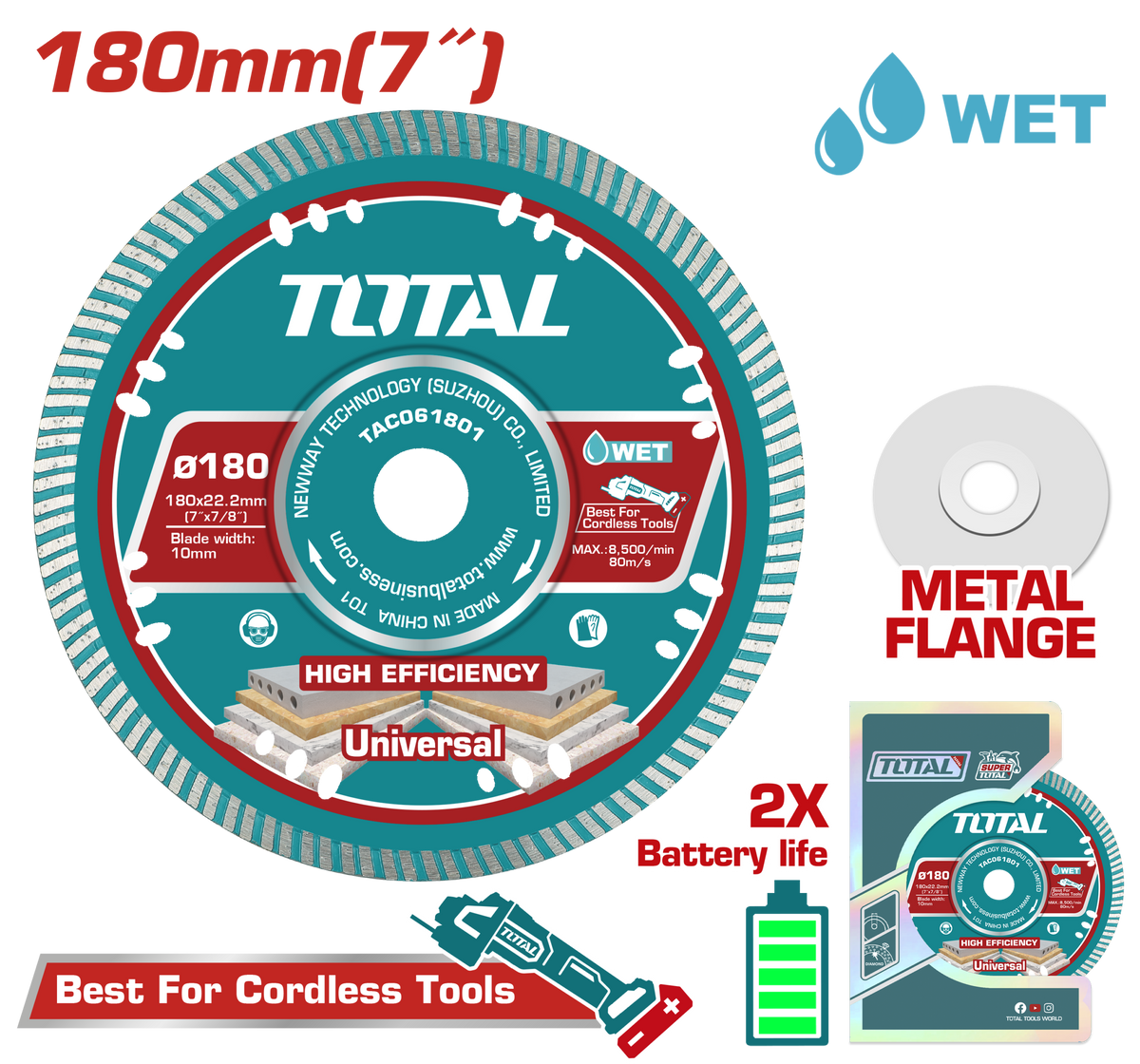 TOTAL Ultrathin Diamond Cutting Disc 180mm | 7" – 2.2mm Blade for Marble & Concrete (TAC061801)