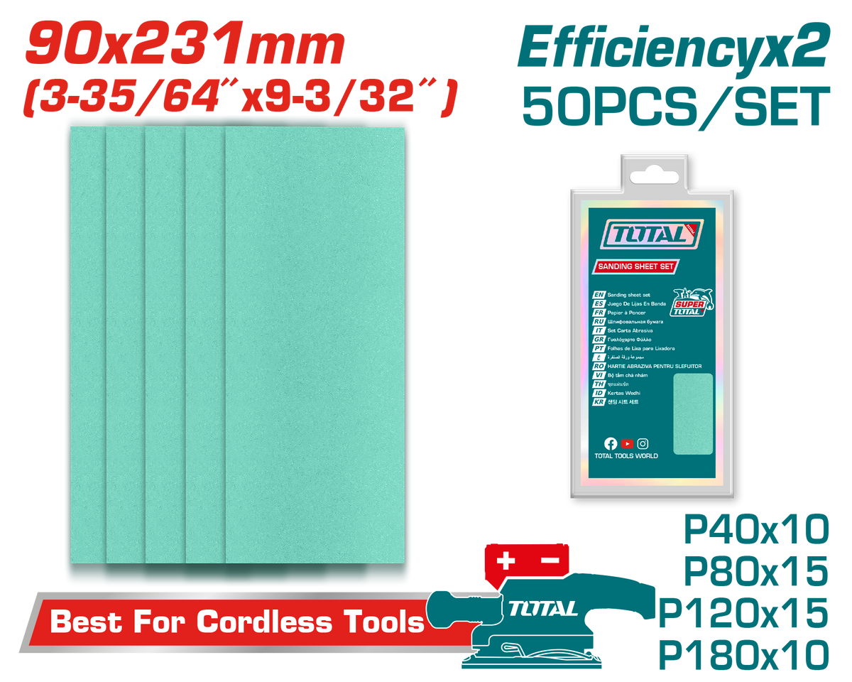 TOTAL Sanding Sheet Set 90×231mm – 50 Pcs Multi-Grit Sandpaper for Wood, Metal & Walls (TAC0902311)