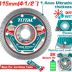 TOTAL Ultrathin Diamond Cutting Disc 115mm (4-1/2") × 22.2mm – 10mm Width, 1.4mm Thickness, High Efficiency (TAC2151151)