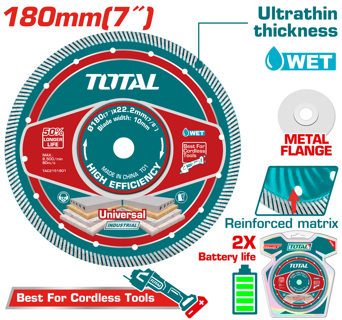 TOTAL Ultra Thin Diamond Cutting Disc with Flange 180×22.2mm – Diamond Blade for Stone, Concrete & Tile (TAC2151801)