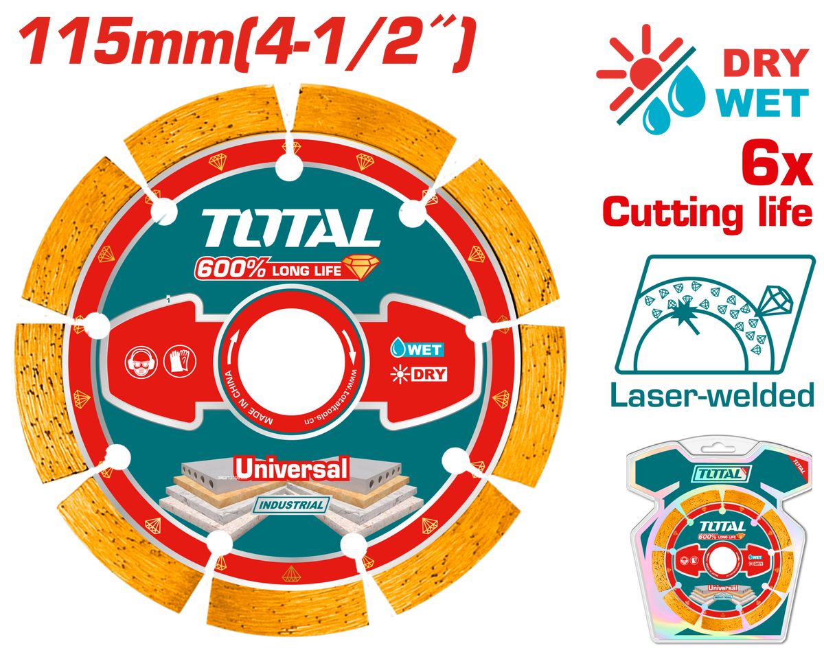 TOTAL Laser Welded Diamond Cutting Disc 115mm | 4.5" – Stone & Concrete Cutting Blade (TAC2171151)
