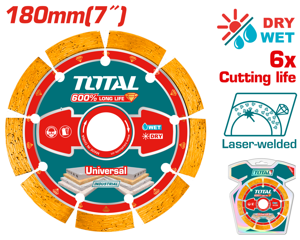 TOTAL Laser Welded Diamond Cutting Disc 180mm | 7" – Stone & Concrete Cutting Blade (TAC2171801)
