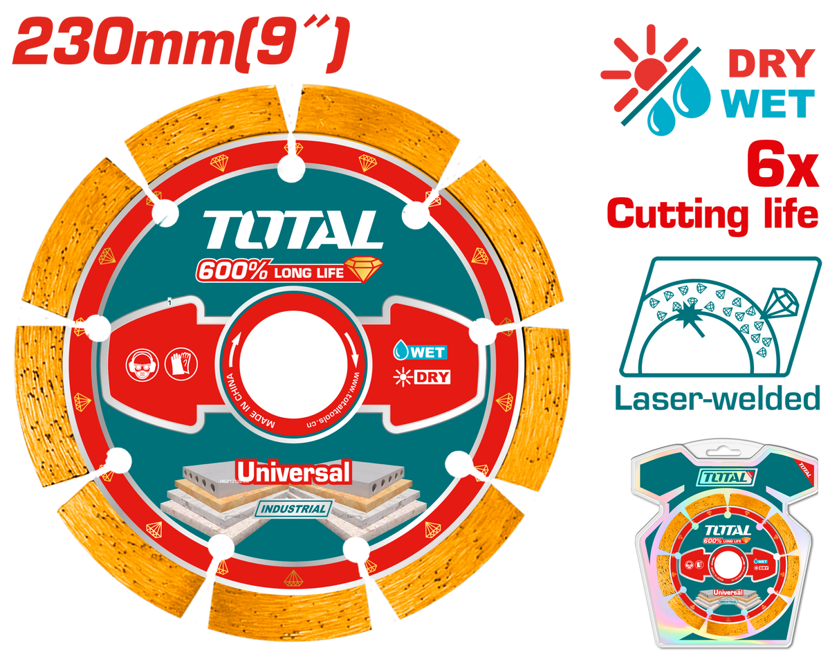 TOTAL Laser Welded Diamond Cutting Disc 230mm | 9" – Stone & Concrete Cutting Blade (TAC2172301)