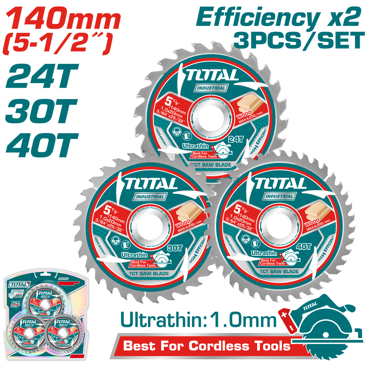 TOTAL Ultra-Thin TCT Saw Blade Set 140mm | 5.5" – 3 Pcs Wood Cutting Blades (TAC236140)