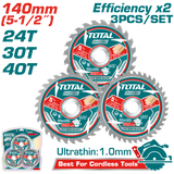 TOTAL Ultra-Thin TCT Saw Blade Set 140mm | 5.5" – 3 Pcs Wood Cutting Blades (TAC236140)