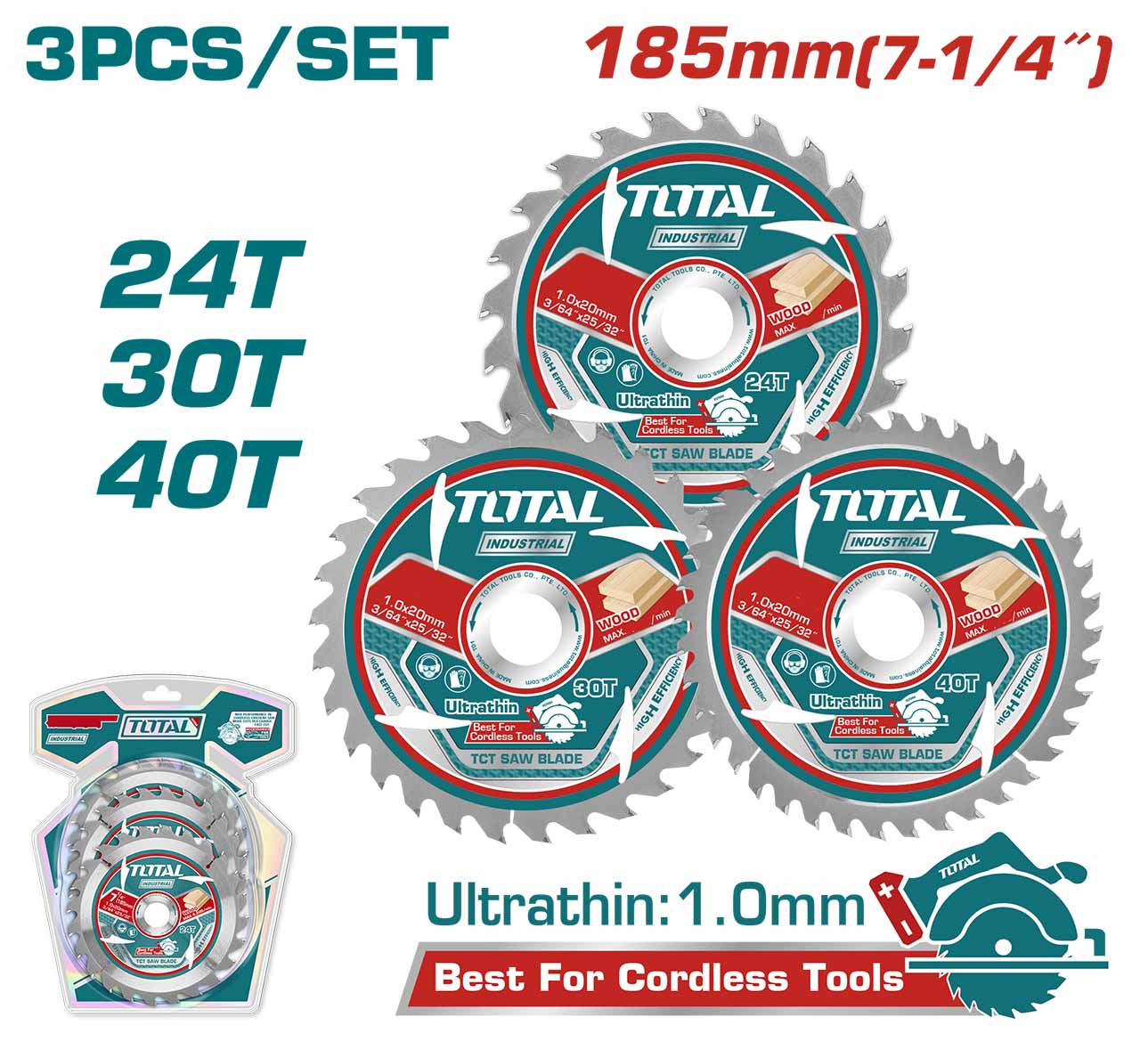 TOTAL TAC236185 3-Piece Ultra-Thin TCT Saw Blade Set
