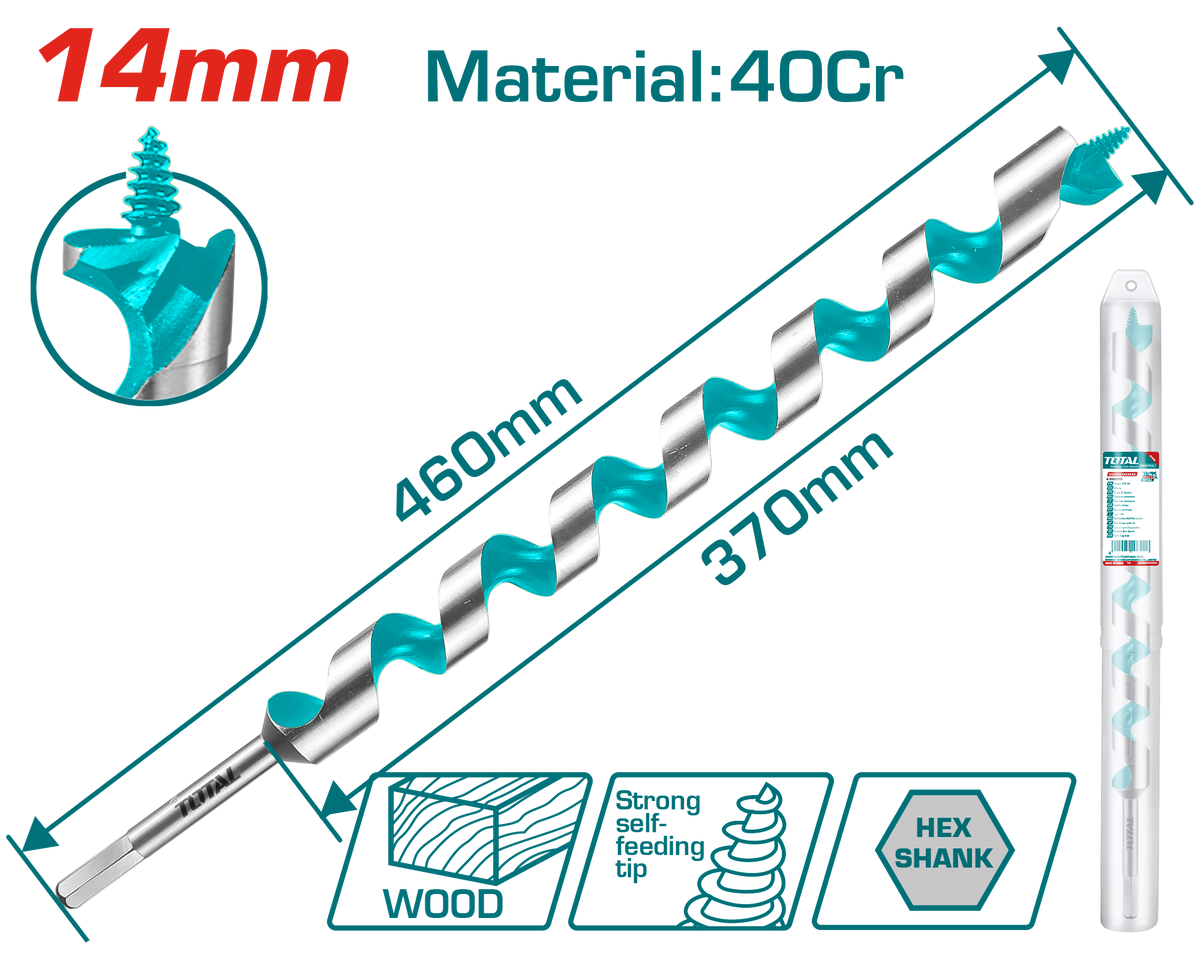 TOTAL Auger Drill Bit 14mm – Hex Shank Wood Drill Bit (TAC3514)