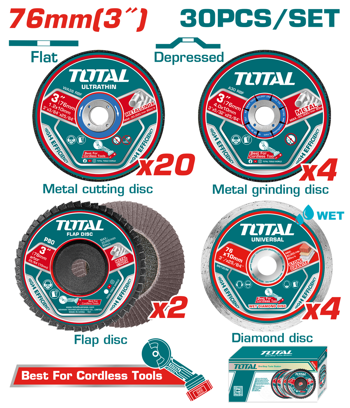 TOTAL 30 Pcs Cutting and Grinding Disc Set 76mm for Mini Angle Grinder (TAC97630)