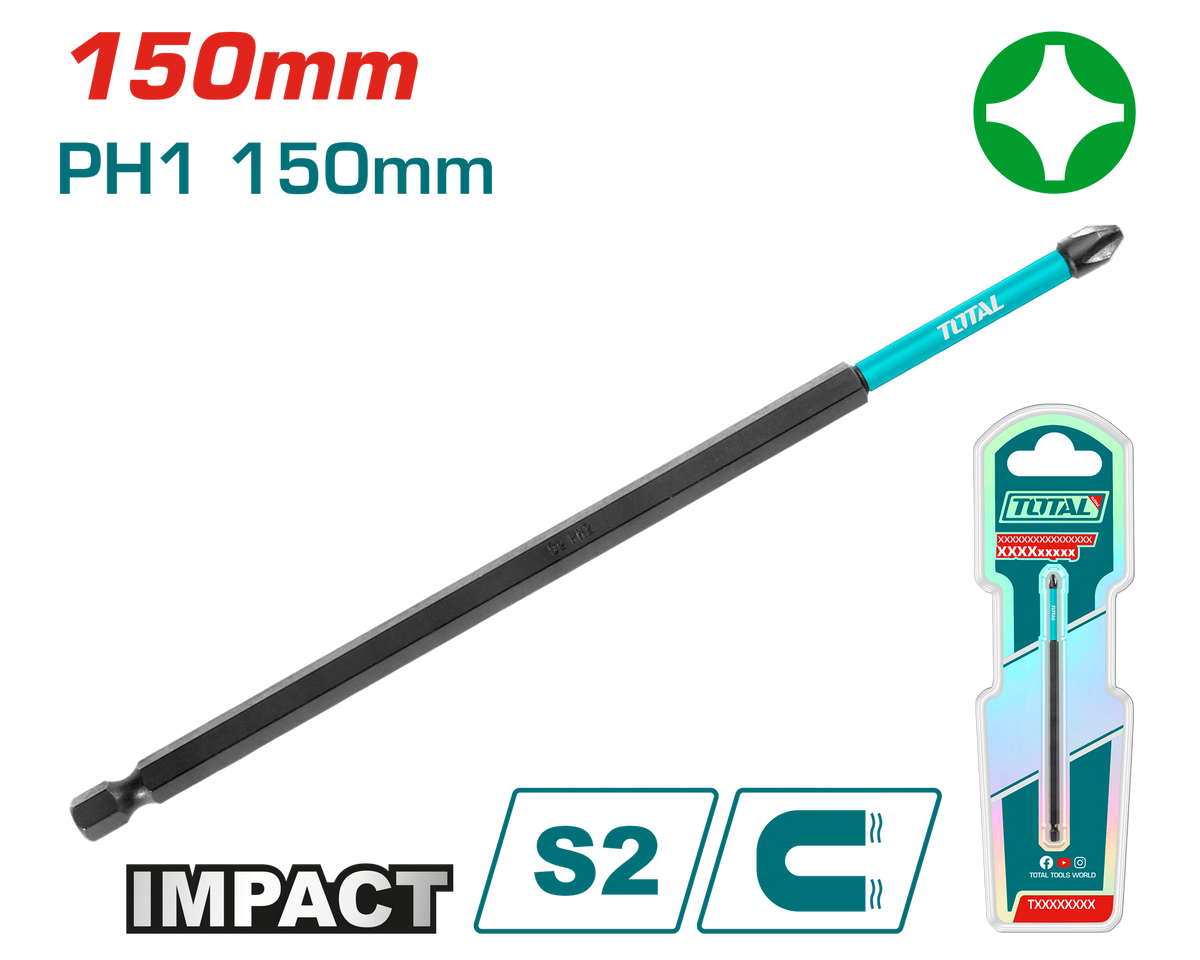 TOTAL Impact Screwdriver Bit PH1 – 150mm, S2 Steel, Magnetic (TACIM71PH1150)