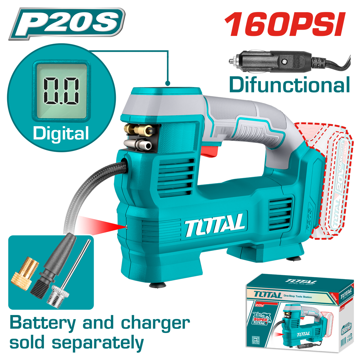 TOTAL Cordless Auto Air Compressor 20V | 160 PSI - Without Battery & Charger (TACLI2012)