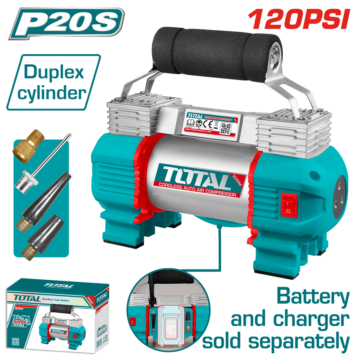 TOTAL Cordless Auto Air Compressor 20V – 120 PSI – Dual Cylinder (TACLI2026)