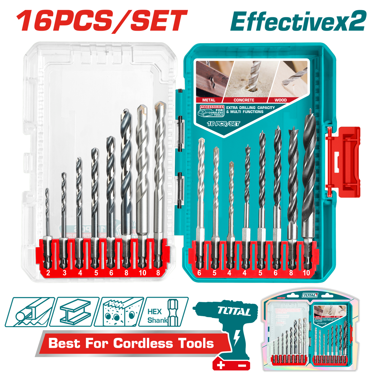 TOTAL 16 Pcs Metal, Masonry & Wood Drill Bits Set – Hex Shank Multi-Purpose Kit (TACSDL11608)