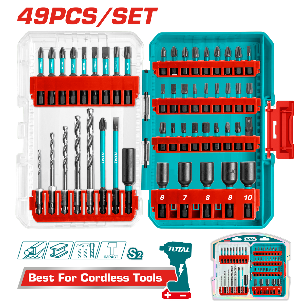 TOTAL 49 Pcs Impact Screwdriver Bits Set – Mixed Lengths, Nut Drivers & Drill Bits (TACSDL24906)