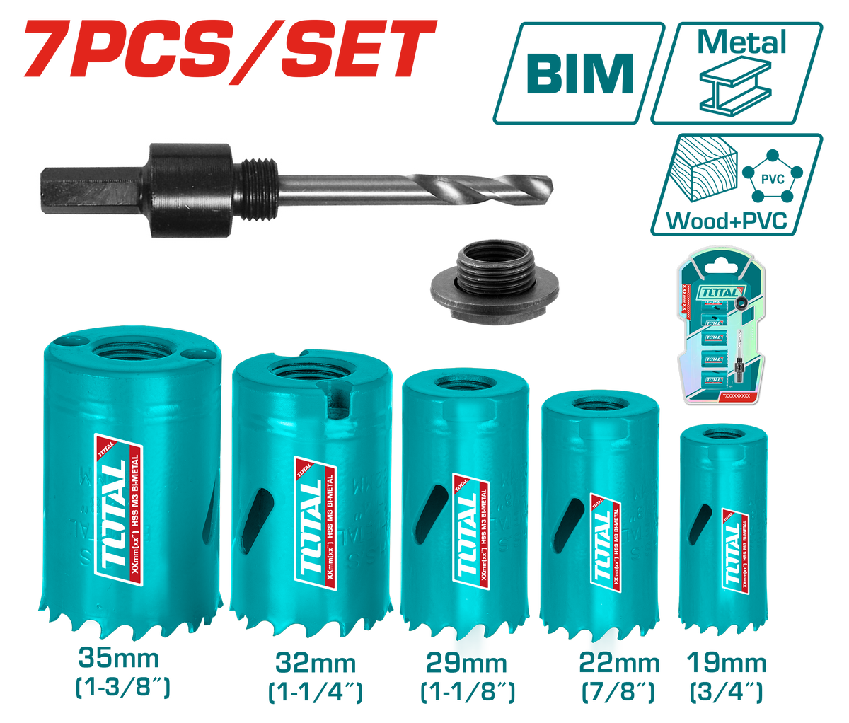 TOTAL 7 Pcs Bi-Metal Hole Saw Set – With Arbor & Adapter (TACSH1071)