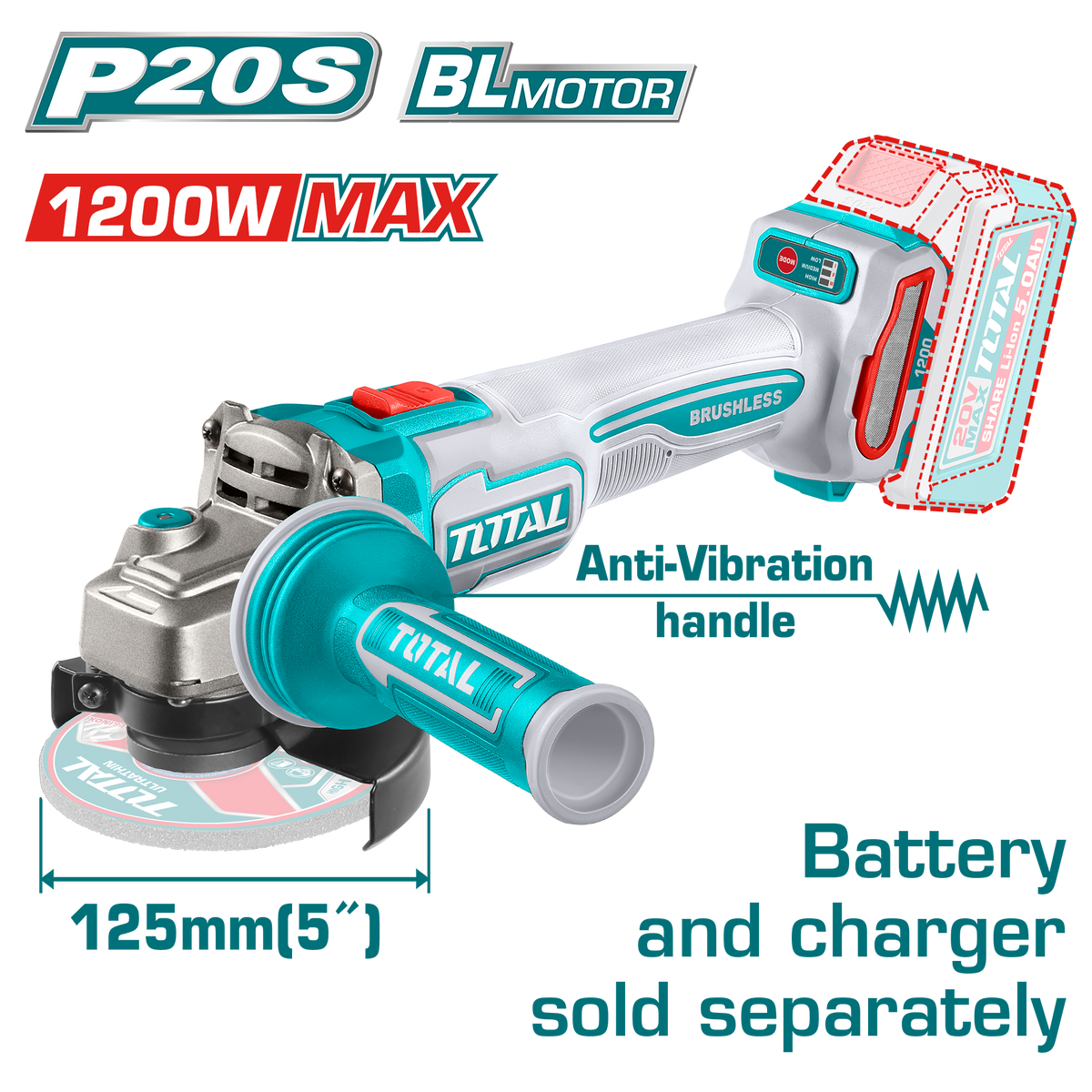 TOTAL Cordless Brushless Angle Grinder 20V – 125mm | 5" Heavy Duty Grinder - Battery & Charger Sold Separately (TAGLI212027)