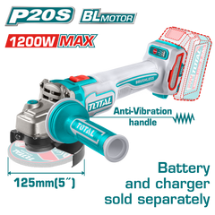 TOTAL Cordless Brushless Angle Grinder 20V – 125mm | 5" Heavy Duty Grinder - Battery & Charger Sold Separately (TAGLI212027)
