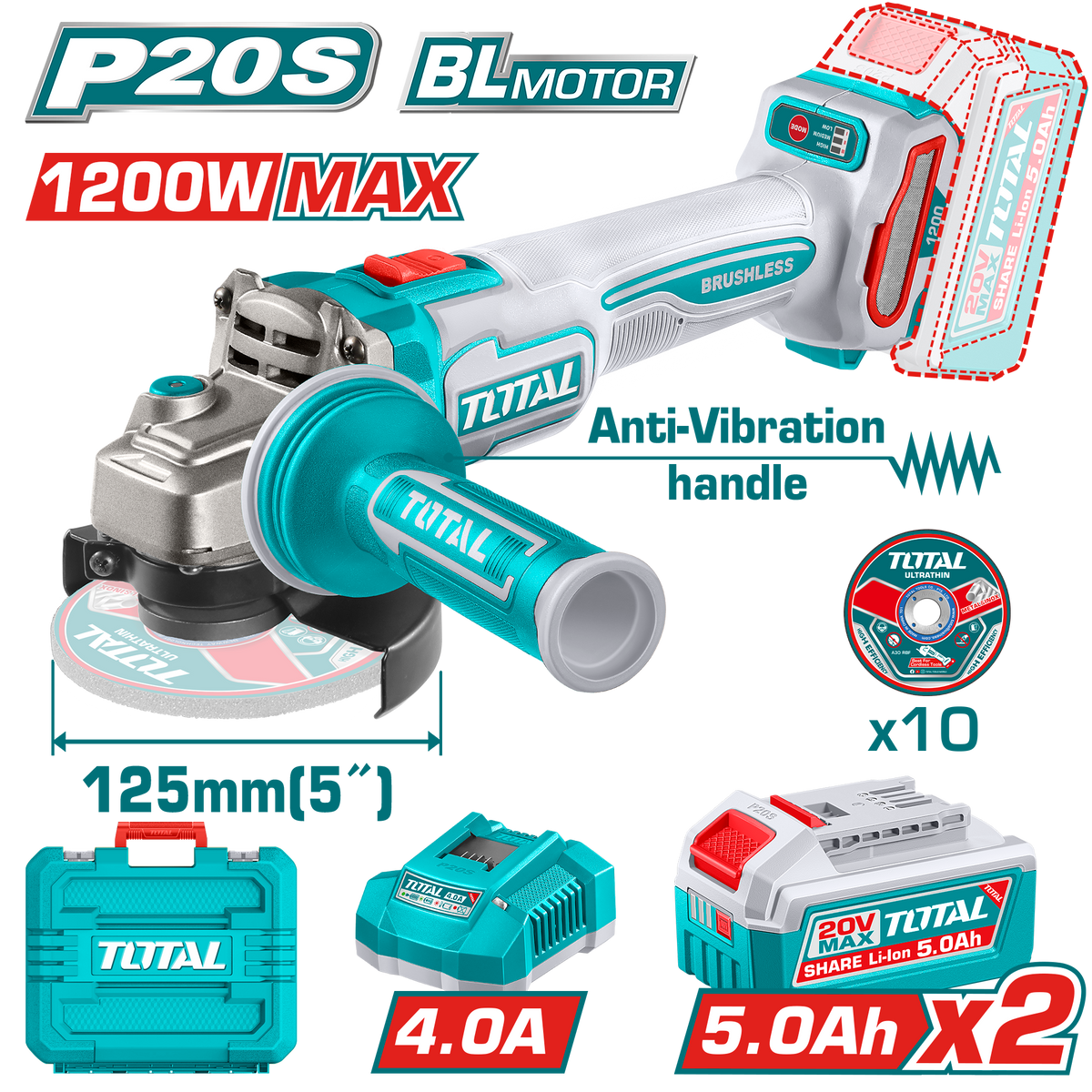 TOTAL Cordless Brushless Angle Grinder 20V – 125mm | 5", 1200W with 2 Batteries (TAGLI2120272)