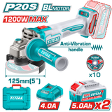 TOTAL Cordless Brushless Angle Grinder 20V – 125mm | 5", 1200W with 2 Batteries (TAGLI2120272)