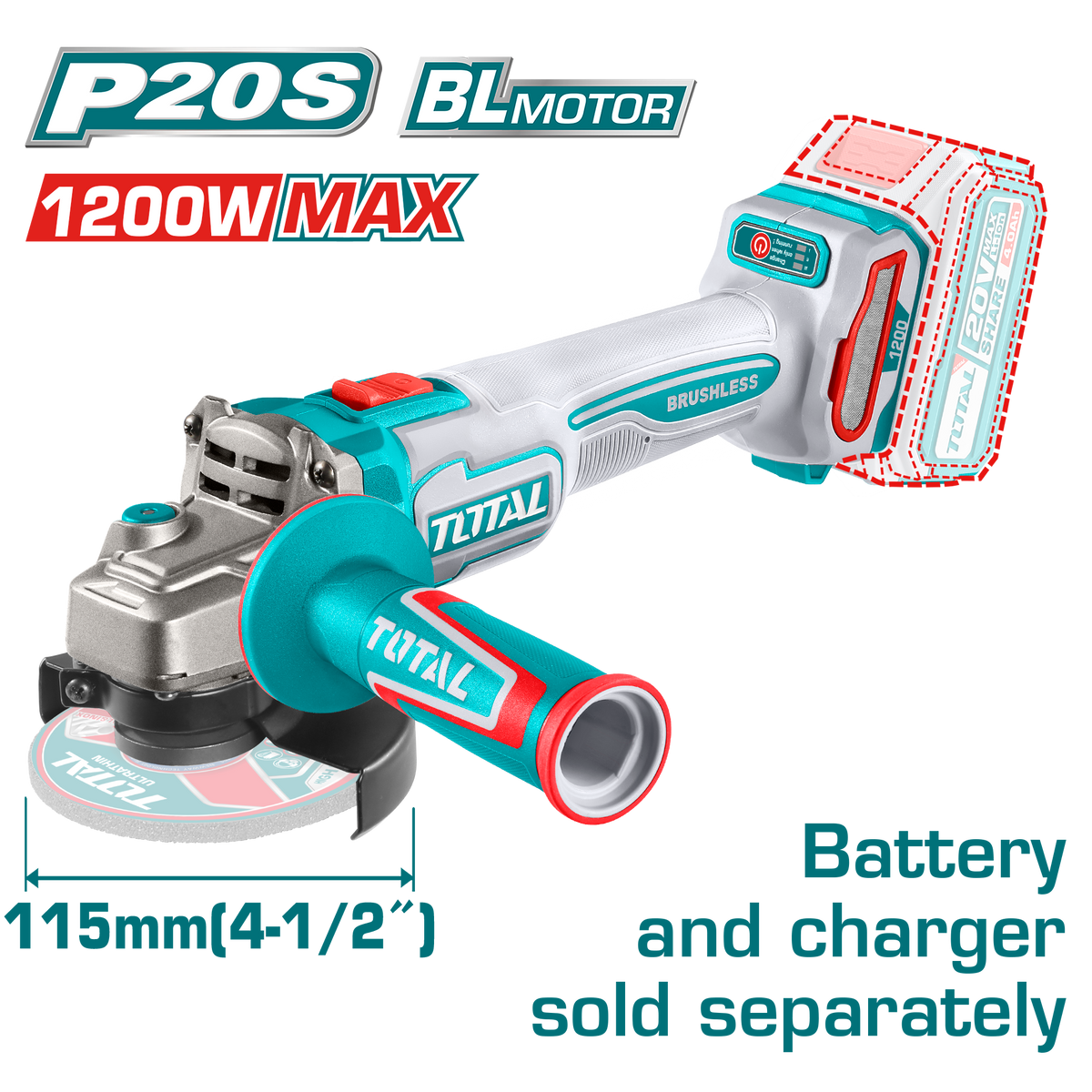TOTAL Cordless Angle Grinder Brushless 1200W - 115mm | 4.5" Battery & Charger Sold Separately (TAGLI221153)