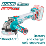 TOTAL Cordless Angle Grinder Brushless 1200W - 115mm | 4.5" Battery & Charger Sold Separately (TAGLI221153)