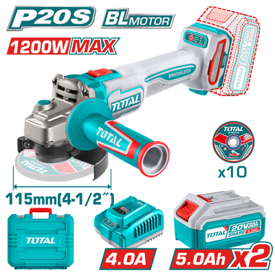 TOTAL Cordless Angle Grinder – Brushless Motor, 20V, 1200W, 115mm Disc, 3000–9000rpm, with 5.0Ah Batteries & Charger (TAGLI2211532)