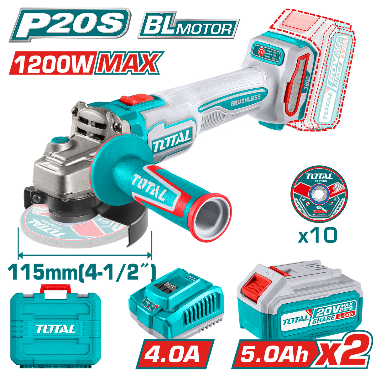 TOTAL Cordless Angle Grinder – Brushless Motor, 20V, 1200W, 115mm Disc, 3000–9000rpm, with 5.0Ah Batteries & Charger (TAGLI2211532)