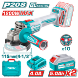 TOTAL Cordless Angle Grinder – Brushless Motor, 20V, 1200W, 115mm Disc, 3000–9000rpm, with 5.0Ah Batteries & Charger (TAGLI2211532)