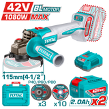 TOTAL 42V Cordless Angle Grinder – Brushless Motor, 1080W, 115mm Disc (TAGLI4108112)