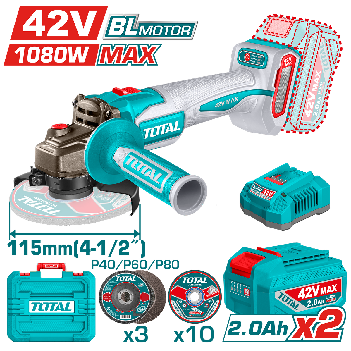 TOTAL 42V Cordless Angle Grinder – Brushless Motor, 1080W, 115mm Disc (TAGLI4108112)