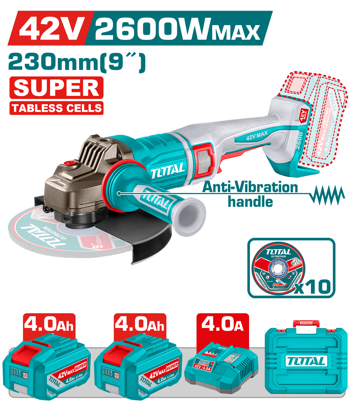 TOTAL 42V Brushless Cordless Angle Grinder 230mm – 2600W with 2 Batteries & Charger (TAGLI4260182)