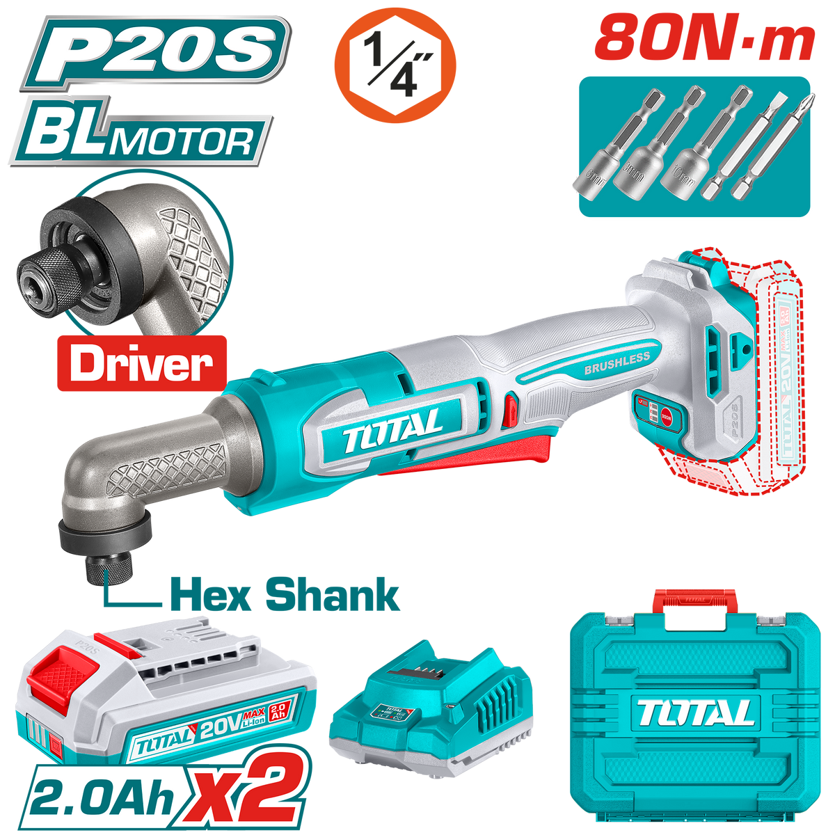 TOTAL 20V Cordless Angle Impact Driver Brushless – 80Nm with 2 Batteries & Carrying Case (TAIRLI208)